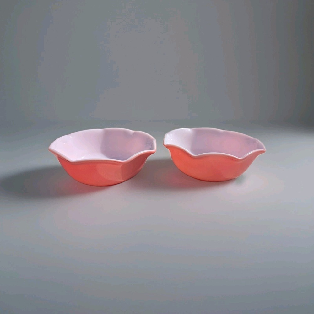 Vintage Hazel Atlas Crinoline Pink Platonite Berry Bowls Set of 2 Scalloped MCM - Picture 2 of 6